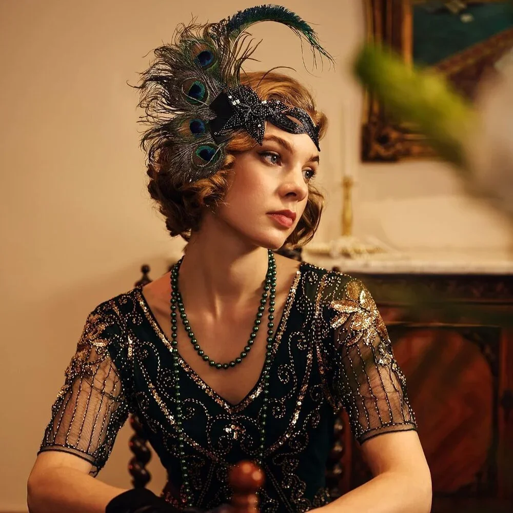 1920s Flapper Headband Peacock Feathers Sequin Gatsby Costume Accessory